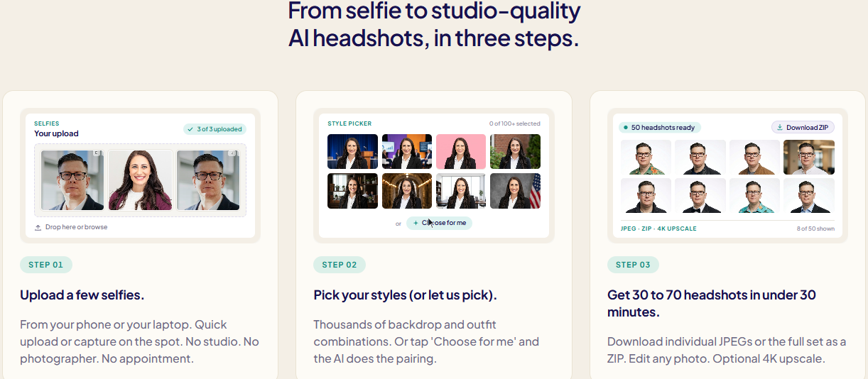 HeadshotPro sample gallery or dashboard UI