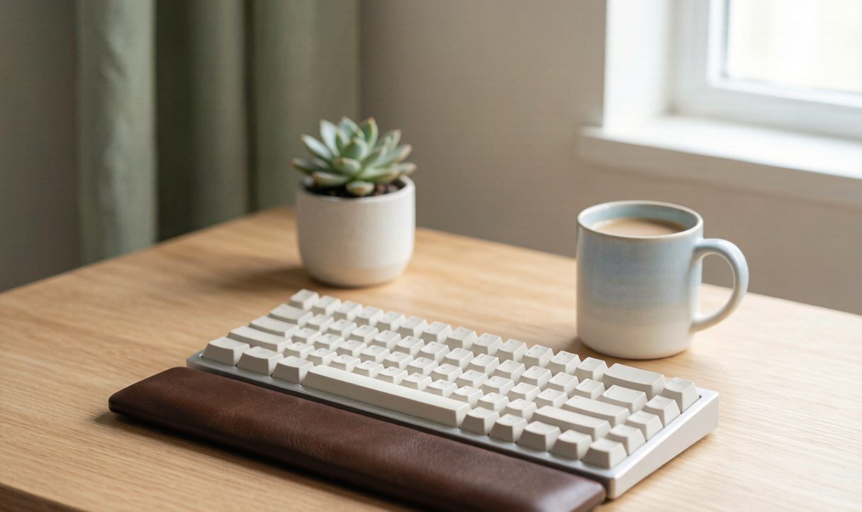 A neutral mechanical keyboard on a tidy desk, illustrating the guide's calm, workflow-first approach to choosing a board.