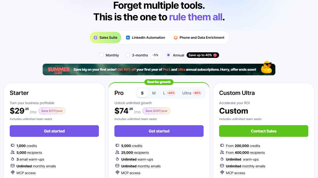 Snov.io official pricing page: Trial/Starter/Pro/Ultra tiers