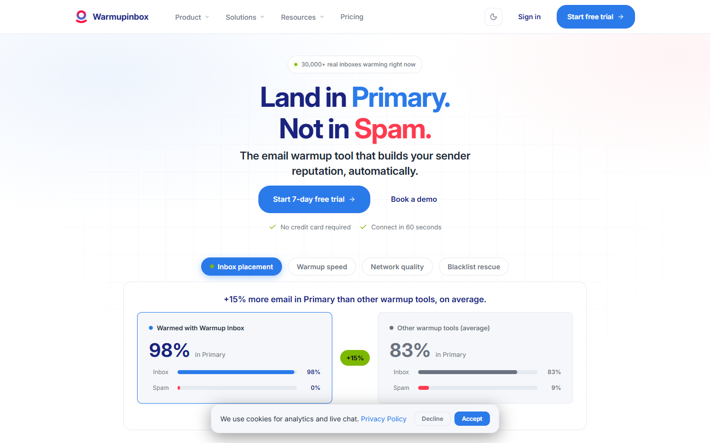 WarmupInbox dashboard: connected mailboxes, reputation signals, warmup activity