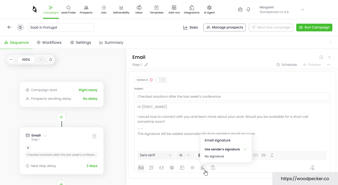 The Woodpecker sequence editor — a sample campaign with a {{FIRST_NAME}} placeholder and a delay between steps